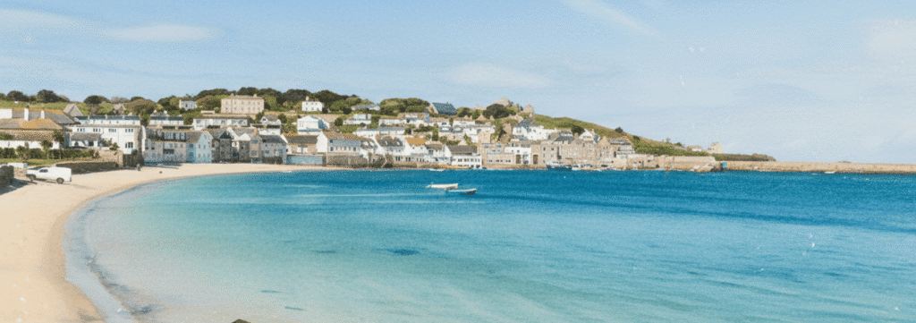 Watercolor painting of a beach on St. Mary's, Isles of Scilly.