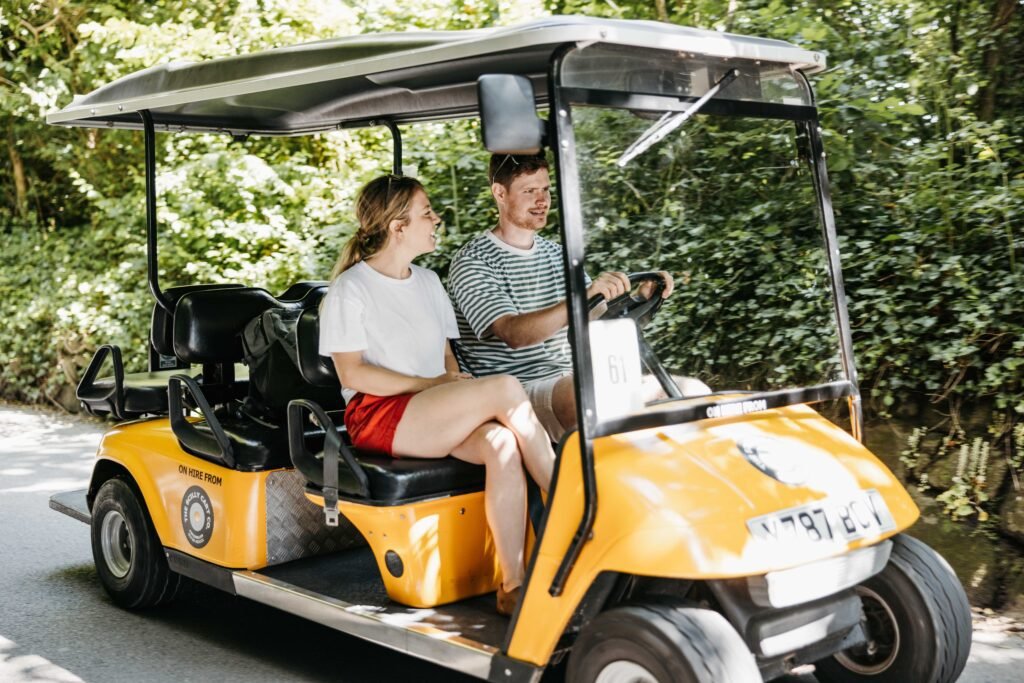 Picture of a couple sat in an electric card on the road.