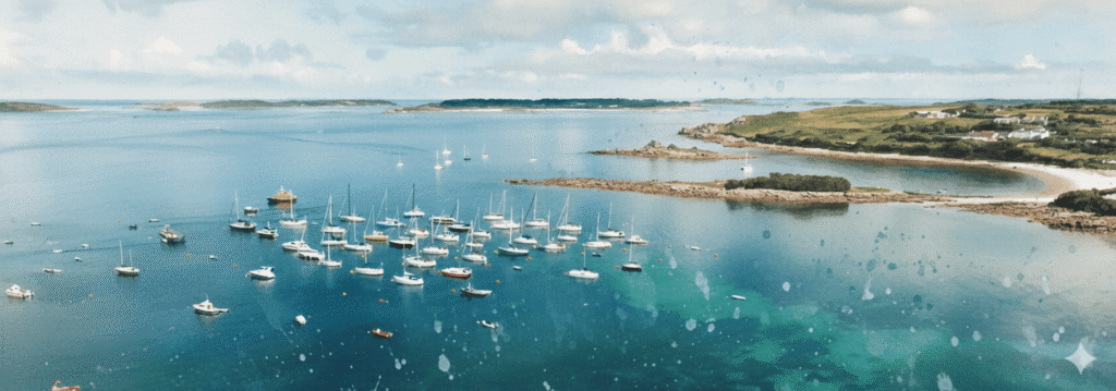 Watercolor painting of the harbor of St. Mary's, Isles of Scilly